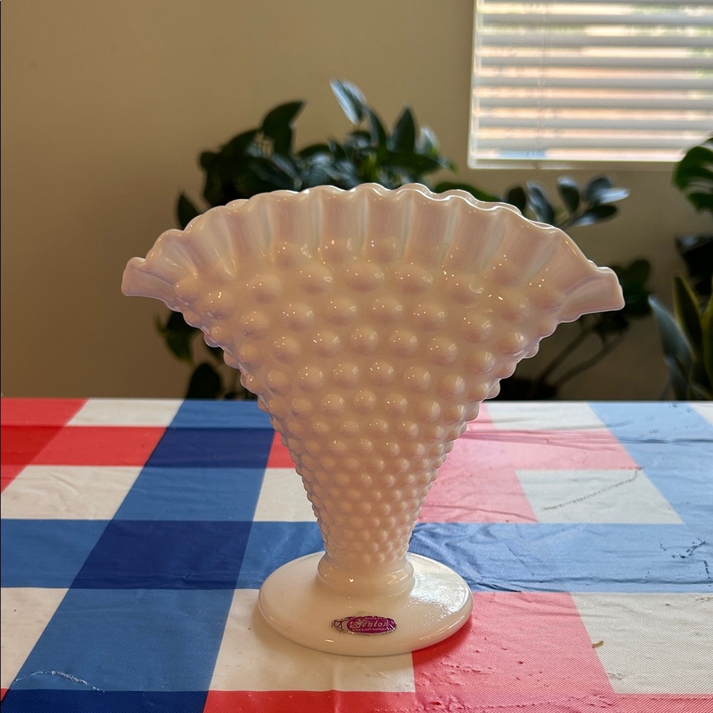 Vintage Fenton White Milk Glass Hobnail Fan Vase